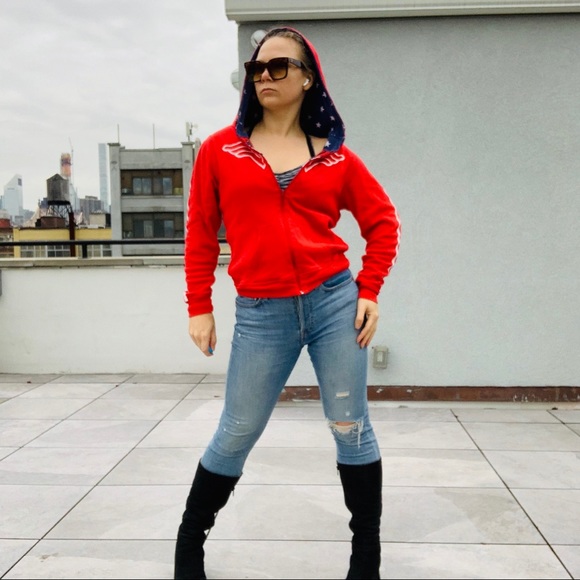 Vintage 2in1 Wonder Woman Red White Blue Star Stripe Double Side Turning Hoodie - Picture 15 of 16